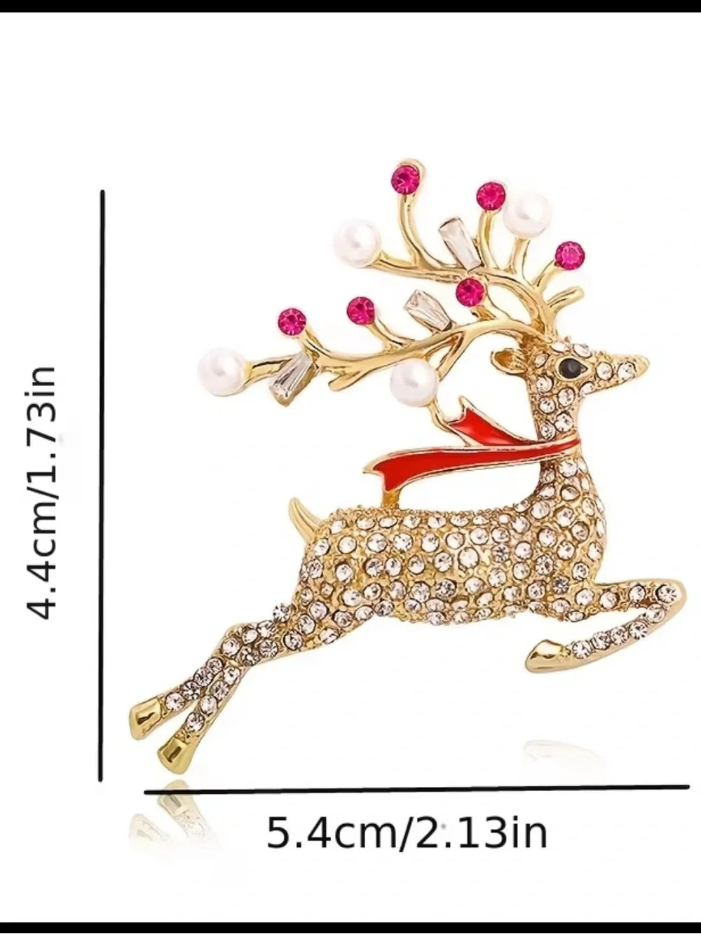 Gold Crystal Reindeer Brooch with Pearls and Red Enamel Scarf NWT
